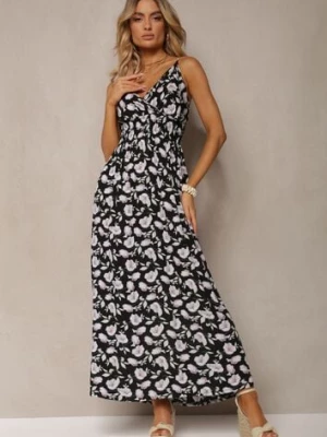 Czarna Bawełniana Sukienka na Cienkich Ramiączkach w Kwiecisty Wzór o Rozkloszowanym Fasonie Rosaq defox