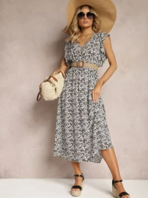 Czarna Bawełniana Sukienka na Lato z Elastyczną Gumką w Pasie i Falbankami Przy Ramionach Jovenia defox