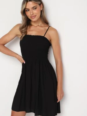 Czarna Bawełniana Sukienka na Ramiączkach z Marszczonym Dekoltem Krisele defox