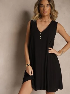 Czarna Bawełniana Sukienka o Rozkloszowanym Kroju z Guzikami Folaisa defox