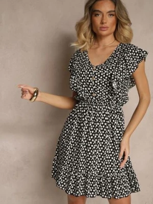 Czarna Bawełniana Sukienka o Rozkloszowanym Kroju z Guzikami w Kwiatowy Wzór Roniva defox