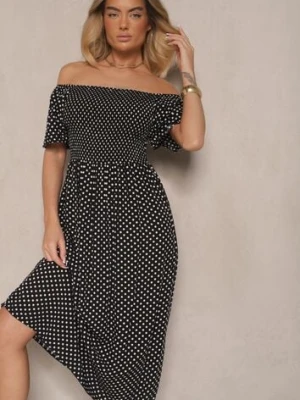 Czarna Bawełniana Sukienka o Rozkloszowanym Kroju Zdobiona Printem w Groszki Lisanovia defox