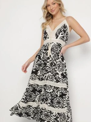 Czarna Bawełniana Sukienka Rozkloszowana w Etniczny Wzór z Koronką Taliosha defox