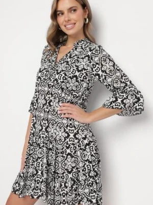 Czarna Bawełniana Sukienka Rozkloszowana z Falbanką w Ornamentalny Wzór Laneloren defox