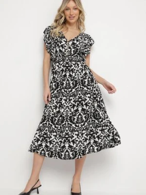 Czarna Bawełniana Sukienka Rozkloszowana z Falbankami w Ornamentalny Wzór Zaliette defox