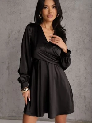 Czarna Bawełniana Sukienka VICES z Satyny z Kopertowym Dekoltem Cunelia