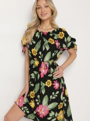 Czarna Bawełniana Sukienka w Kwiatowy Wzór z Wiązaniem w Talii i na Rękawach Tosmira generation