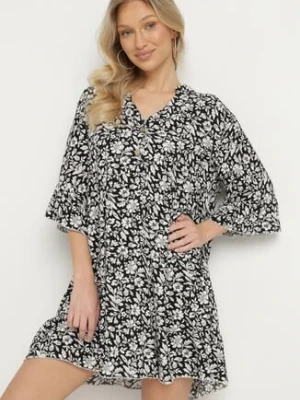 Czarna Bawełniana Sukienka w Kwiaty o Rozkloszowanym Kroju Jenaleira defox
