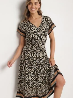 Czarna Bawełniana Sukienka z Gumką w Talii i Guzikami Natiflione defox