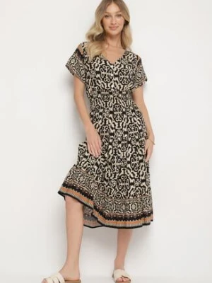 Czarna Bawełniana Sukienka z Guzikami i Ornamentnym Wzorem Zisselle defox