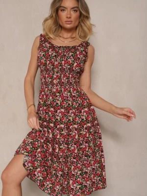 Czarna Bawełniana Sukienka z Guzikami o Rozkloszowanym Kroju w Kwiatowy Print Roniselle defox