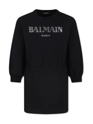 Czarna Bawełniana Sukienka z Logo Balmain