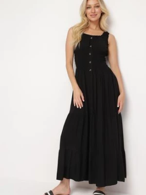 Czarna Bawełniana Sukienka z Ozdobnymi Guzikami i Gumką w Talii Cravia