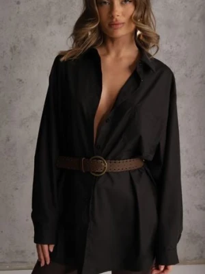 Czarna Bawełniano-Wiskozowa Koszula o Długim Kroju Oversize z Paskiem Tethys