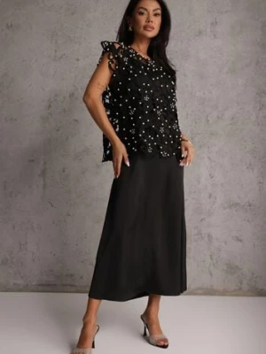 Czarna Bawełniano-Wiskozowa Sukienka Slip Dress z Ozdobną Narzutką Sagossia elsa.m by may