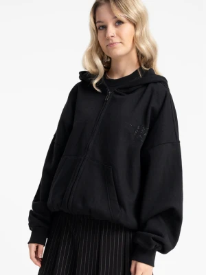Czarna bluza BOXY z kapturem z aplikacją z dżetów z tyłu Reporter