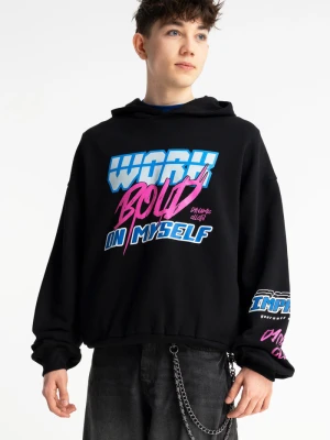 Czarna bluza BOXY z kapturem z autorską grafiką z przodu Reporter