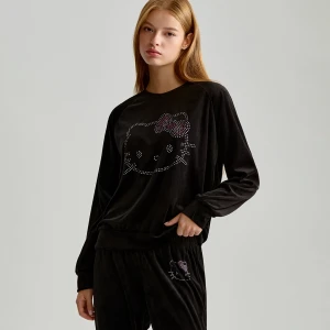 Czarna bluza crewneck z aplikacją z dżetów Hello Kitty House