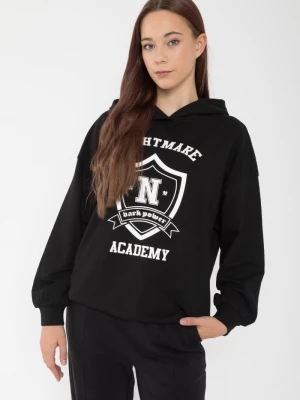 Czarna bluza dresowa ovsersize z kapturem i nadrukami Reporter