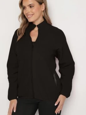 Czarna Bluza na Suwak o Prostym Kroju ze Stójką i Kieszeniami Esamira