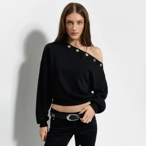 Zdjęcie produktu Czarna bluza open shoulder z metalowymi oczkami House