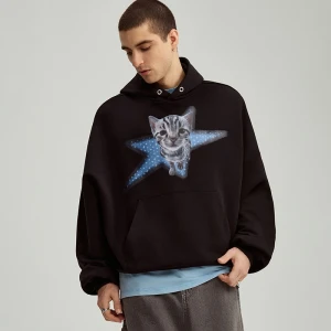 Czarna bluza z kapturem i nadrukiem kota House