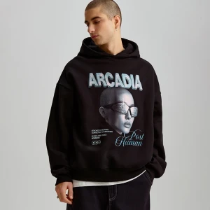 Czarna bluza z kapturem i nadrukiem oversize House