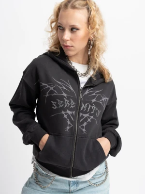 Czarna bluza z kapturem z autorską grafiką z przodu zapinana na zamek Reporter