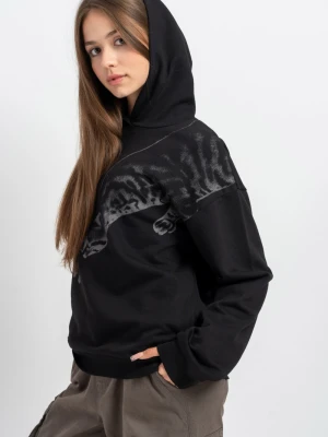 Czarna bluza z kapturem z kolorowym nadrukiem z przodu Reporter