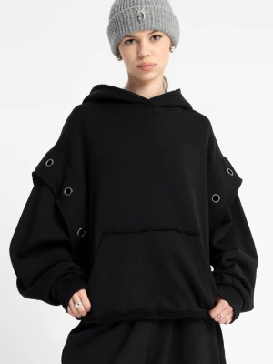 Czarna bluza OVERSIZE z kapturem z metalowymi oczkami Reporter