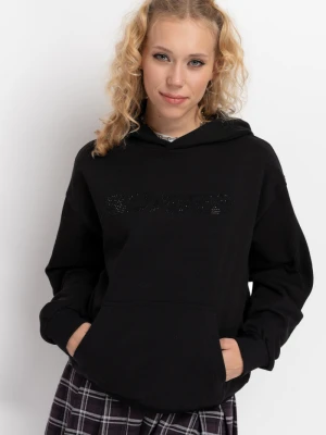 Czarna bluza z kapturem z napisem z błyszczących dżetów Reporter