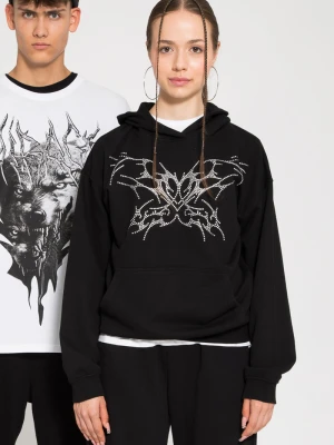 Czarna bluza z kapturem z przestrzennym nadrukiem na wysokości piersi Reporter