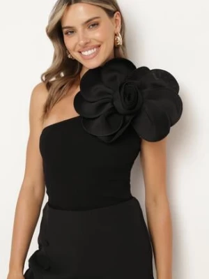 Czarna Bluzka Asymetryczna z Bawełny z Dużą Aplikacją w Postaci Kwiatka Neteria elsa.m by may