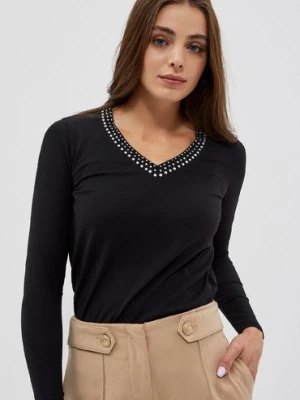 Czarna bluzka damska z ozdobnym dekoltem typu longsleeve Moodo