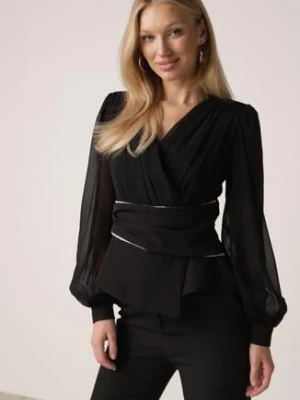 Czarna Bluzka Kopertowa VICES z Dekoltem V Bufiastymi Rękawkami i Zaakcentowanymi Ramionami Tine