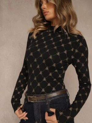 Czarna Bluzka Longsleeve Półgolf z Bawełny Ozdobiona Geometrycznym Nadrukiem Zantila glo-story