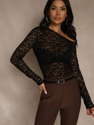 Czarna Bluzka Longsleeve z Koronki z Asymetrycznym Dekoltem Liwedisa