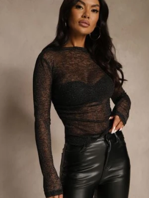 Czarna Bluzka Longsleeve z Siateczki z Metaliczną Nitką Sallana retro & icone