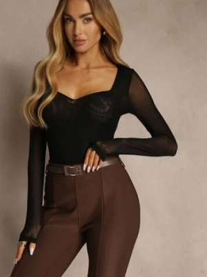 Czarna Bluzka Longsleeve z Siateczki z Wiskozą z Dekoltem w Serce Elinevia