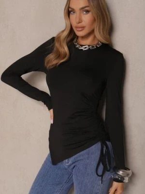 Czarna Bluzka Longsleeve z Wiskozą o Asymetrycznym Kroju ze Ściągaczem Zepilda
