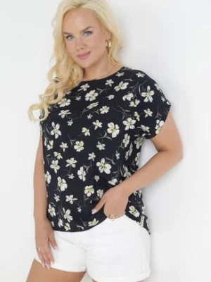 Czarna Bluzka Oversize w Kwiaty z Krótkim Rękawem Suzane sweet lady