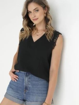 Czarna Bluzka Top z Ażurową Falbanką Wokół Ramion z Tkaniny Plumeti Vinda melya by melody