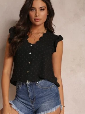 Czarna Bluzka Top z Ozdobnym Dekoltem i Falbankami przy Ramionach Briara melya by melody