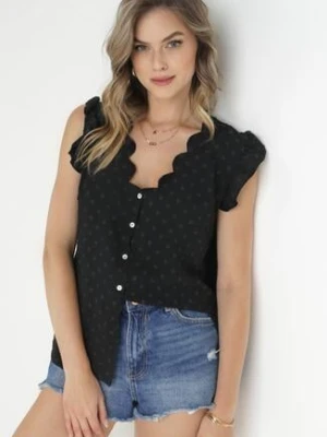 Czarna Bluzka Top z Tkaniny Plumeti z Falbankami przy Ramionach Fatalie melya by melody