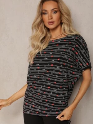 Zdjęcie produktu Czarna Bluzka Typu Nietoperz z Bawełny w Ozdobny Wzór Pallottia