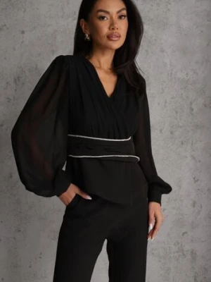 Czarna Bluzka VICES w Kopertowym Stylu z Luźnymi Transparentnymi Rękawami i Dekoltem V Inge