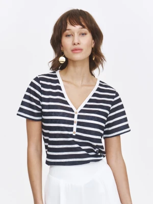 Czarna bluzka w paski z dekoltem w v Top Secret