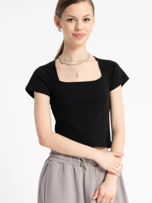 Czarna bluzka w prążki z dekoltem karo Reporter