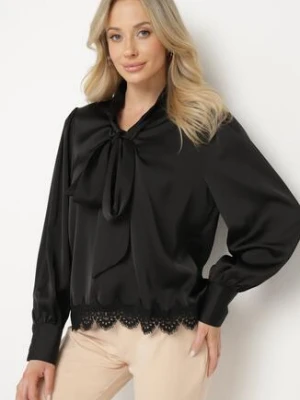 Czarna Bluzka z Ażurowym Zdobieniem i Wiązaniem na Dekolcie Halawena elsa.m by may