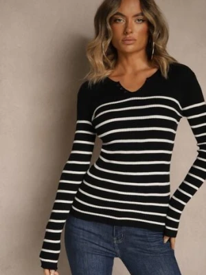 Czarna Bluzka z Bawełną z Motywem Pasków i Guzikami Serisse j&x